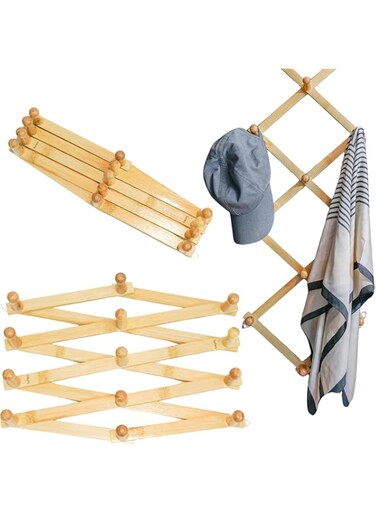 Wall Hanger, Hat Hangers Wall Mounted, Wood Accordian Coat Rack with 10 Hooks, Expandable Peg Rack Wall Organizer for Hanging Baseball Caps, Hats, Purse, Coffee Cup, Bag