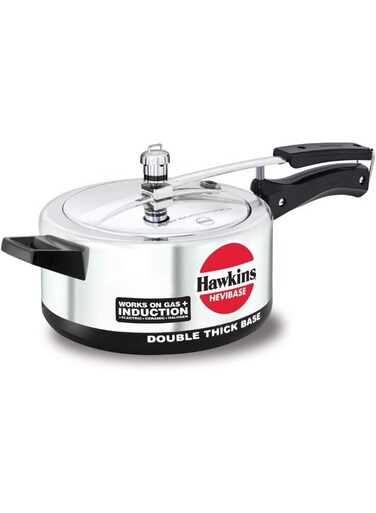 3.5Liters Hevibase Aluminium Pressure Cooker with Inner Lid, 6.35mm Thick base, Induction compatible(IH35), Silver Silver