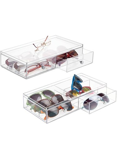 mDesign Wide Stackable Plastic Eye Glass Storage Organizer Box Holder for Sunglasses, Reading Glasses, Accessories - 2 Divided Drawers, Chrome Pulls Pack of 2 06752MDG