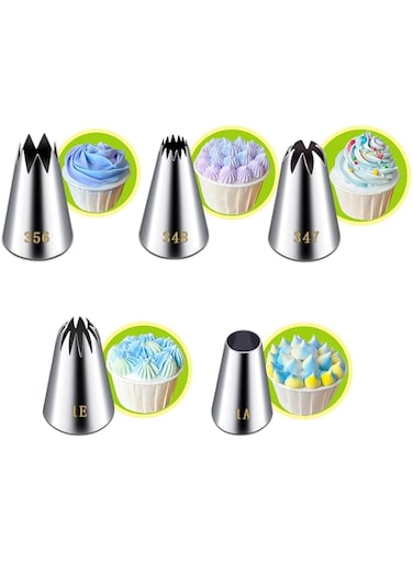 Suuker Large Piping Tips Set, Stainless Steel Frosting Piping Kit, 5 Pieces Pastry Cake Decorating Tips Baking Tools for Cookies Cupcake Decorating Kit (1A 1E 348 347 356)
