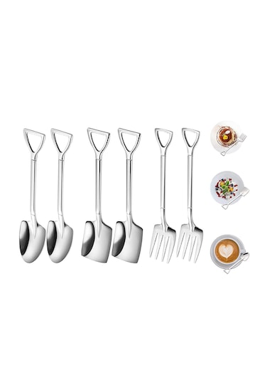 Pcs Stainless Steel Coffee Latte Spoon, Shovel Spoon and Fork Set Ice Cream Spoon Dessert Tea Sugar Fruit Fork for Party, Long Handle Coffee Creative Fruit Fork for Party and Kitchen 6 Inch