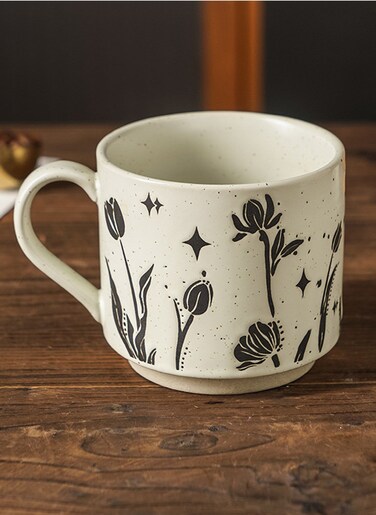 Mug, Coarse Pottery Floral Style, For Coffee Tea Cold Drinks, Microwave &amp; Dishwasher Safe, 310Ml