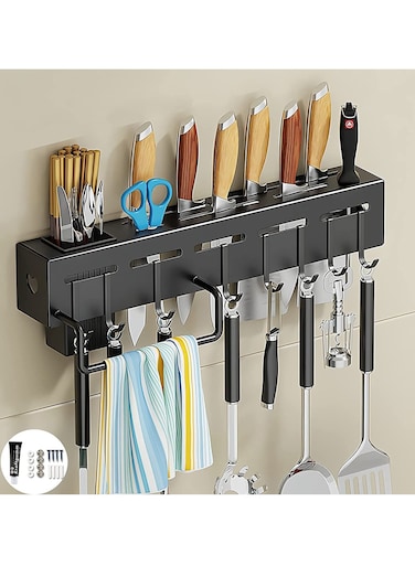 Kitchen Shelf Stainless Steel Floating Shelves Wall Mount Knife Holder Towel Hanger Spatula Ladle Hanging Hooks Cutlery Holder Storage Rack High Grade Metal Multi-Purpose (40 X 5.5 X 7.4 Cm)