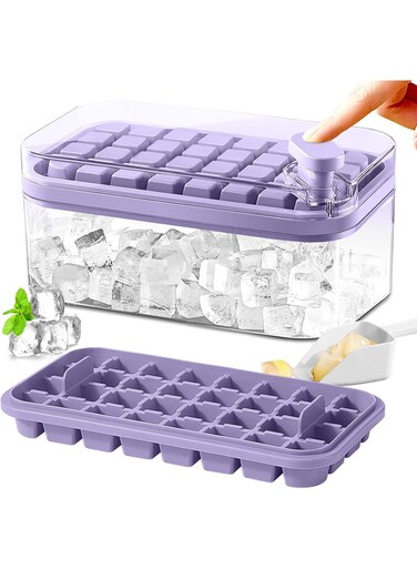 2-Pack Ice Cube Tray with Lid &amp; Storage Bin &acirc;&euro;&ldquo; 64 Cube Freezer Mold Set (Purple)