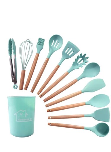 Star 12PCS Kitchen Utensil Set Silicone Cooking Utensils Kit Spatula Heat Resistant Wooden Spoons Gadgets Tool for Non-Stick Cookware(GREEN)