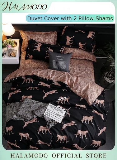 Leopard Print Duvet Cover with 2 Pillow Shams Bedding Set Luxury Soft 100% Long Staple Cotton Duvet Cover Boho Leopard Pattern Comforter Cover Modern Style Bedding Duvet Cover Set