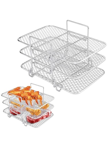 SUSNUAN 3 Layer Air Fryer Rack, Stainless Steel Air Fryer Three Layer Cooking Rack, Multi-Purpose Air Fryer Accessories, Suitable for Double Basket Air Fryer, Roasting Oven, Microwave, 90001