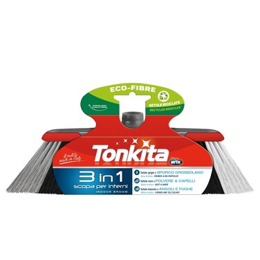 Tonkita Grey 3-in-1 Indoor Broom Triple Thread &ndash; Multi-Fiber Sweep Brush for Dust, Hair &amp; Debris, Heavy Duty Floor Cleaning Broom for Tile, Marble, Wood &amp; Laminate Floors