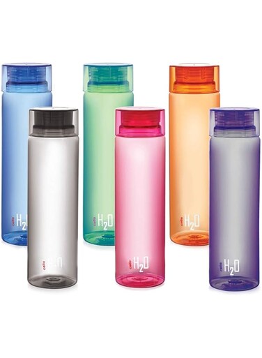 Cello H2O Unbreakable Plastic Bottle Set, 1 Litre, Set of 6, Multicolour