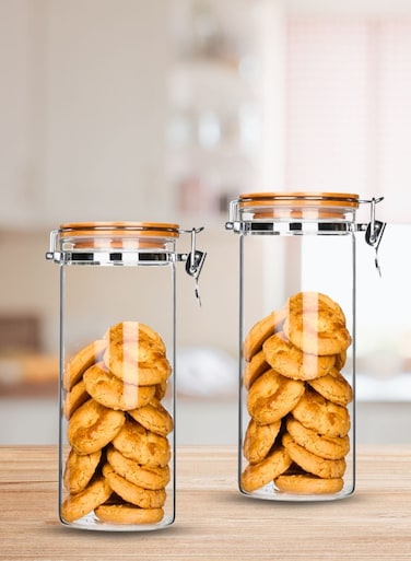 Set of 2- 1000ML Borosilicate Glass Storage Jar With Clip and Airtight Bamboo Lid, for Candy Cookie Rice Sugar Flour Pasta Nuts