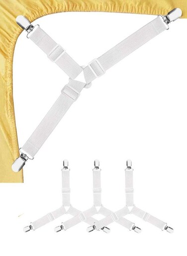 4PCS Bed Sheet Straps, Adjustable Elastic Fasteners with Metal Clips, Triangle Sheet Fasteners, Fitted Bed Sheet Holders for Bed, Mattress Cover, Fitted Bed Sheets, Sofa Cushion White