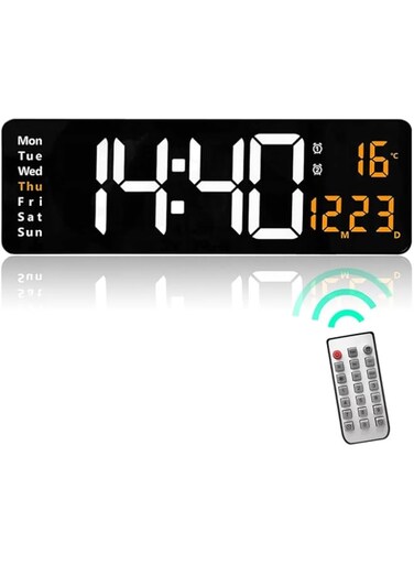 LOVEQI Large Digital Wall Clock with Remote Control, Modern Rectangular Alarm Clock with 16 Inch LED Display, Dimmable Wall Mounted Digital LED Clock for Home, Office and Gym (Orange)