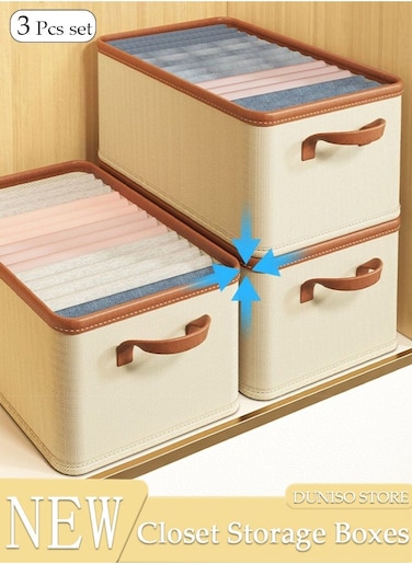 3 Pieces Foldable Closet Storage Organizer Washable Closet Storage Box with Carrying Handles Cube Storage Bin for Clothes Wardrobe Home Bedroom Office