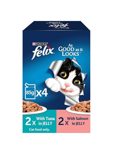 Purina Felix As Good As It Looks Adult cat food in Jelly (2x 85g Tuna Pouches + 2x 85g Salmon Pouches)