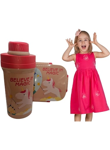 Lunch Box with Unicorn Cup   Pink Bento Box with Topper and Cutlery   Fun and Functional Design