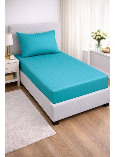 2-Piece Striped Microfiber Fitted Sheet Set Single 90x200cm &acirc;&euro;&ldquo; Soft Elastic Deep Pocket 17cm Bedsheet with 1 Pillowcase 50x70cm, Teal Microfiber Teal Single