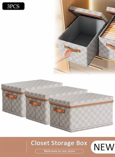 3 Pack 18L Foldable Closet Storage Boxes with Lid and Handle, Stackable Wardrobe Clothes Organizer Bins, Fabric Cube Storage Baskets for Clothing, Sweaters, Jeans, Toys, Books &amp; Bedroom Organization