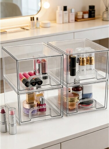4-Pack Makeup Organizer Drawers &acirc;&euro;&ldquo; Clear Stackable Storage Organizer for Makeup, Bathroom, Vanity, Kitchen, Undersink   Home &amp; Pantry Organization