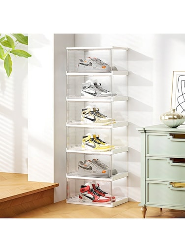 East Pack of 6 Sturdy Clear Shoe Storage Organizer, Stackable Boxes for Closet, Foldable Space-Saving Shoe Rack for Sneaker Boot Container