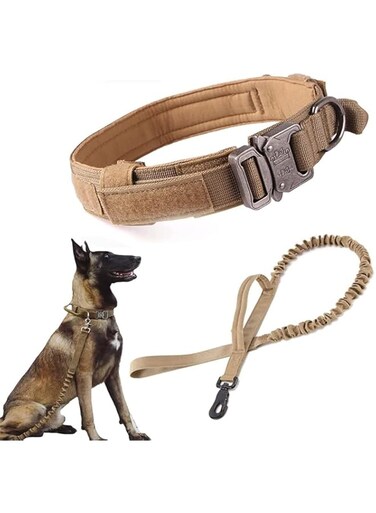 ELECDON Dog Collar, Tactical Dog Collar and Leash Set Tactical Dog Collar with Handle Bungee Leash Adjustable Military Nylon Collar Leash Set with Control Handleand Metal Buckle M (M, Brown)