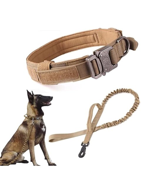 ELECDON Dog Collar, Tactical Dog Collar and Leash Set Tactical Dog Collar with Handle Bungee Leash Adjustable Military Nylon Collar Leash Set with Control Handleand Metal Buckle M (M, Brown)