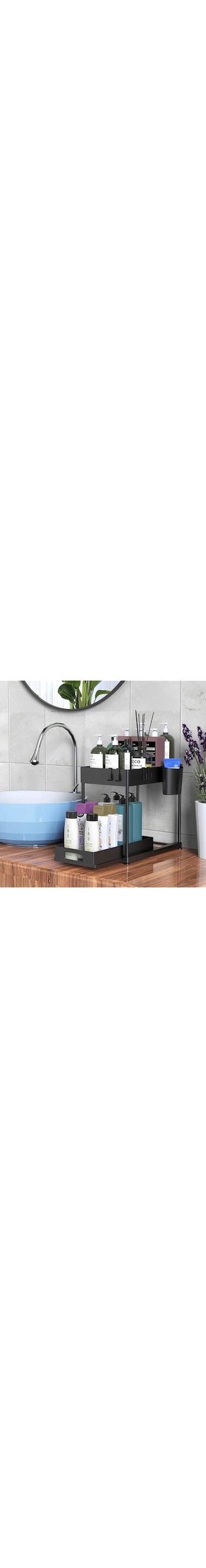 Modentials Under Sink Organizer, 2 Tier Bathroom Cabinet Organizer with Sliding Basket, Multi-Purpose Under Sink Organizers and Storage for Bathroom Kitchen (4 Hooks)