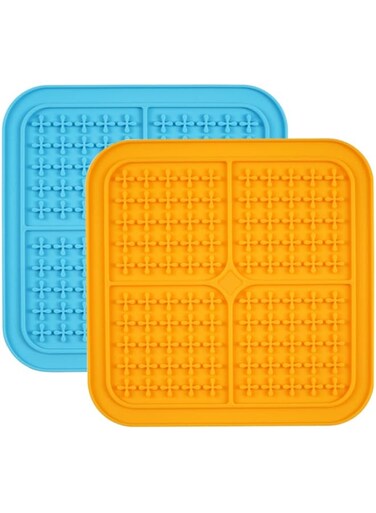 IBAMA LICKPAD01-2P Pet Silicone Licking Pad, Anti-Choke Slow Food With Suction Cup Tool, For Dog Cat Pet Bath Distraction, Cross Style Two Pack (Orange &amp; Blue)