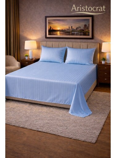 3&acirc;&euro;&lsquo;Piece Striped Microfiber Flat Bed Sheet Set, suitable for Queen and King sizes, 220x240cm &acirc;&euro;&ldquo; Soft Breathable Flat Sheet with 2 Pillowcases 50x70cm, Sky Blue Microfiber Sky Blue 220x240cm