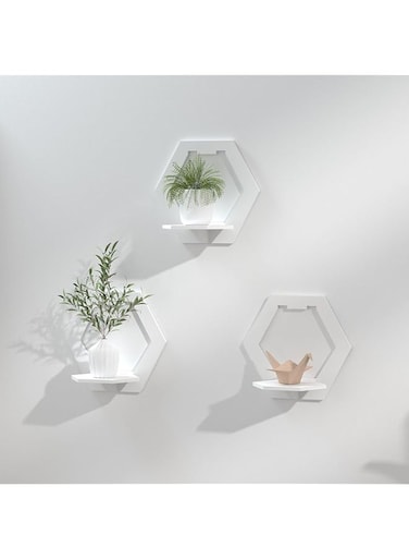 Azonee Shelves for Wall, PVC Floating Shelf Easy Assembly, 29x29x18cm, Practical and Decorative Shelf for Children's Room, Living Room, Bedroom, Hexagon, White, Set of 3