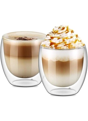 Lushh Double Wall Coffee &amp; Tea Cups for Espresso Coffee Tea Milk Cappuccino &amp; Beverages, 2PCS Set 250 ML
