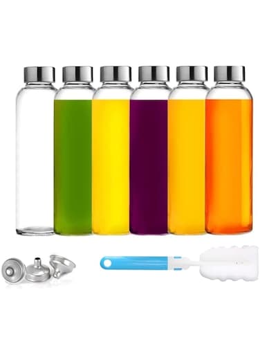 YHRY 6 Pack Clear Glass Bottles with Caps 500 ML, Reusable Glass Water Bottles with Leakproof Lids, for Juicing, Drinking Bottle, Sauce Jar, Juice Beverage Container, with Cleaning Brush and Funnel