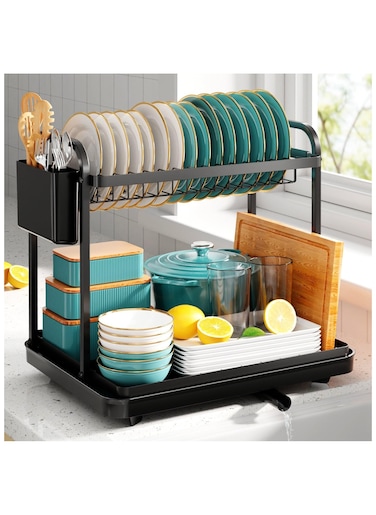 Dish Drying Rack - 2 Tier Dish Rack with Drainage Plate and Rotating Nozzle, Dish Drainers with Tableware Rack and Cup Holder(Black)