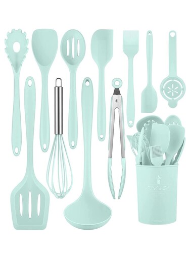 Silicone Cookware Set, 12 Pieces Kitchen Utensil Set, Non-Stick Heat Resistant Silicone, Stainless Steel Handle Cookware with Holder, BPA Free, Non-Toxic (Green)