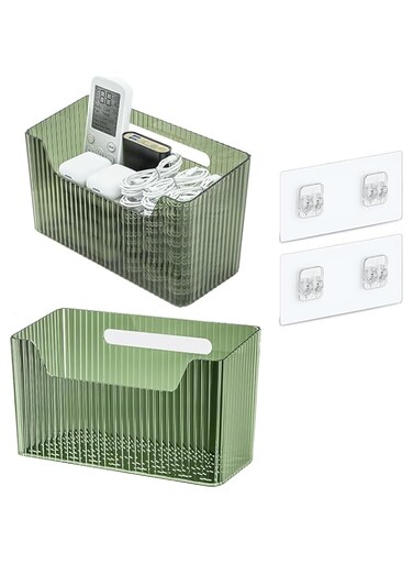 Set Of 2 Storage Organizer Bins Wall Mounted Organizer Basket, Shower Caddy Stackable Clear Plastic Makeup Organizer Adhesive Hanging Bin for Bathroom, Kitchen, Cabinet, Pantry - BPA Free-Large-Green