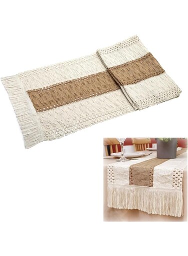 Duomama Boho Macrame Table Runner with Tassels - Rustic Farmhouse Decor for Dining, Living Room, Bedroom - Cream &amp; Brown, 12x71 Inches - Spring Home Decor Accent - Ideal for Bridal Shower