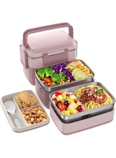 YHRY Stainless Steel Bento Box Adult Lunch Box, 3 Stackable Bento Lunch Containers, Portable Modern Style Adult Bento Box, Leakproof 51OZ Bento Lunch Box for Kids and Adults (Pink)