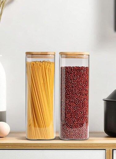 Set of 2- 1800ML Borosilicate Square Glass Storage Jar With Bamboo Lid For Spaghetti, Pasta, Noodles, Coffee, Tea, Sugar etc
