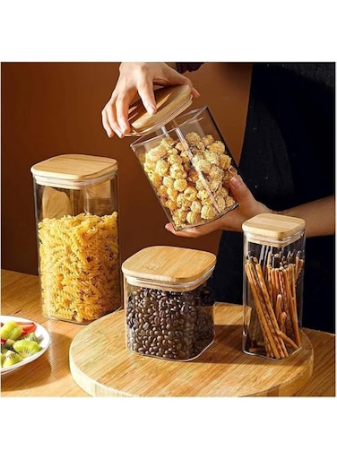 Mash 3-Piece Food Storage Square Glass Jar With Airtight Bamboo Lids (1X800 ML, 1X1200 ML, 1X1600 ML) For Kitchen, Cereals, Pasta, Tea, Coffee, Spices, And Snacks - SgjsML-1 Transparent