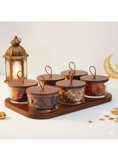 3/6 Pcs Borosilicate Glass Sealed Jars with Wooden Tray - Ramadan Date/Nut/Dried Fruit Storage &amp; Serving Set   Heat-Resistant Airtight for Saudi Family Majlis &amp; Iftar