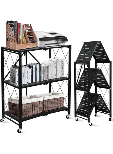 3-Tier Foldable Storage Shelves, Kitchen Shelf with Caster Wheels, Easy Assembly Shelf Foldable for Living Room Bedroom Kitchen Garage Black