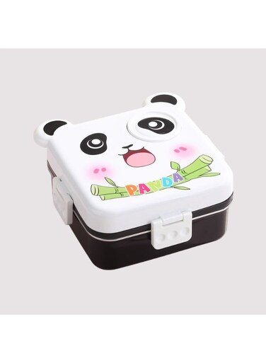 Happy Panda Lunch Box 3 Layer Stainless Steel Lunch Box Comes with 1 Detachable Tray, 1 Small Container &amp; 1 Spoon Ideal for Kids BPA Free 1120ml+70ml- White Black