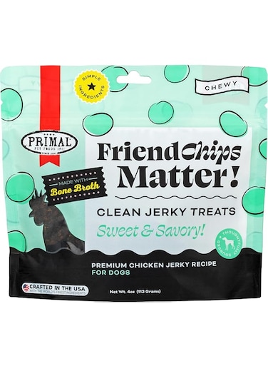Primal Pet Foods Chicken Jerky Dog Treats Made with Chicken Bone Broth for Dogs, FriendChips Matter Chewy Dog Treat, 4 oz