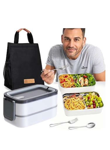 Adando 304 Stainless steel bento box Portable bento box with lids Double-deck thermal insulation lunch box food lunch container set Leak proof lunch box Microwave oven heating For Adults/Students