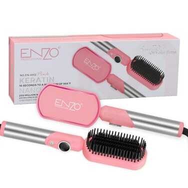 Enzo Professional EN-4002 Hair Straightener Brush, Salon Styler Hair Dryer And Volumizer Ceramic Heating Ionic Hair Straightener Comb, Anti-Scalding - Intl Version - Pink