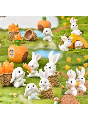 16Pcs Bunny Decor Easter Aquarium Decorations Resin Mini Easter Rabbit Figurines Ornaments Set Landscape Ornament Figurine for Holiday Fish Tank Supplies Table Decor