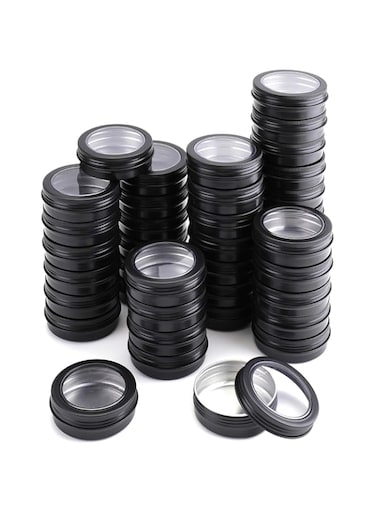 Tazweeq 30 Pack Round Tins, Screw Lids Tin Cans, with Clear Window Matte Black Metal Spice Containers Aluminum Travel Storage Jars, for Kitchen, Office, Gifts, Candies, Black