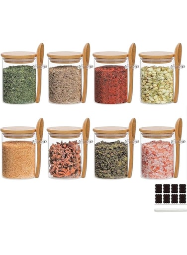 KUAIJI 8-Pack250 ml (8.45 oz) Glass Jar With Tight Wooden Lid and Spoon, Only Suitable For Spices, Salt, Tea, Sugar, It is a Delicate and Lovely Kitchen Storage Jar (8 Pack250 ML)