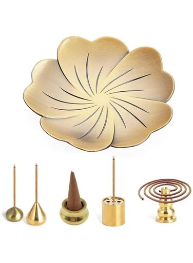 Set of 6 4" Brass Incense Burner Set - Sakura Shape Incense Holder, Cone Incense Holder with Ash Catcher for Yoga Room Living Room Bedroom