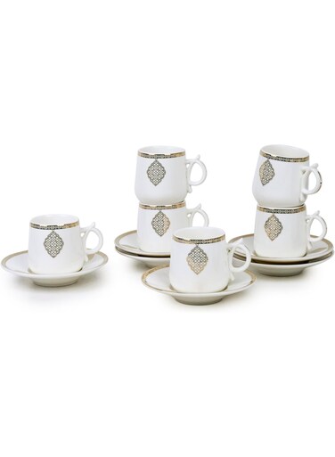 Porcelain Zain Coffee Cup &amp; Saucer Set, 90ml (6 Cups, 6 Saucer, White)