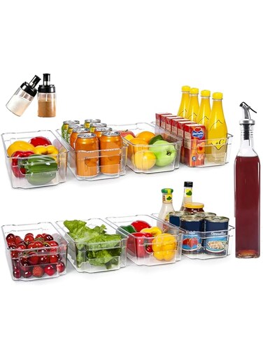 8-Piece Refrigerator Storage Box Set with 2 Gift Glass Jars+ Free 250ml Olive Oil &amp; Vinegar Bottle &ndash; BPA-Free, Durable &amp; Easy-to-Clean Kitchen Organizer